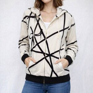 Juicy Couture Black Label Front Zip Terry Ivory Black Bow Cotton Blend Hoodie